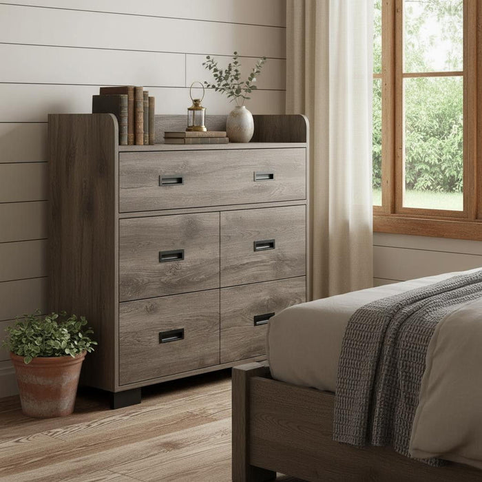 Wood Five Drawer Double Dresser - Dark Brown