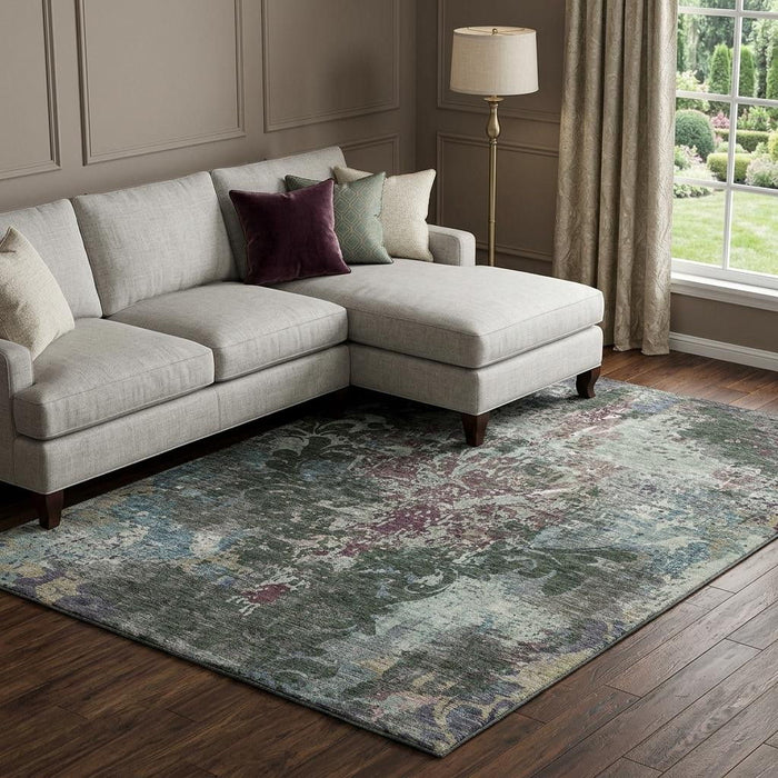 10' X 14' Damask Washable Area Rug With UV Protection (674365) - Fern Green / Purple / Teal