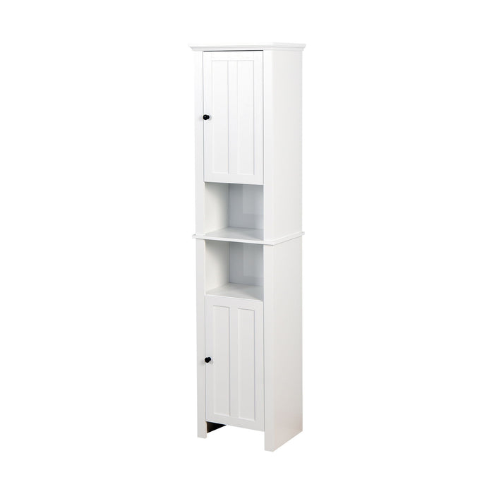 Giga wooden linen cabinet with white finish, two doors, and six shelves for bathroom storage, showcasing a sleek modern design.