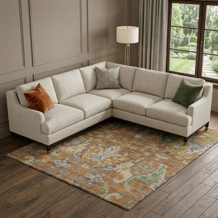 10' X 14' Floral Washable Area Rug With UV Protection (686933) - Copper / Gray / Olive Green