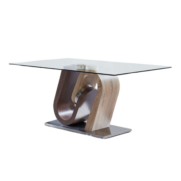 71" Glass And Stainless Steel And Manufactured Wood Pedestal Base Dining Table - Brown