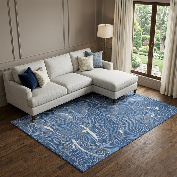 10' X 14' Abstract Washable Area Rug With UV Protection (682199) - Blue / Ivory / Gold