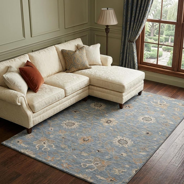 10' X 14' Floral Washable Area Rug With UV Protection (686120) - Denim Blue / Beige / Copper
