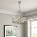 Silver metal chandelier with four shaded crystal lights, dimmable HomeRoots chandelier for elegant lighting.