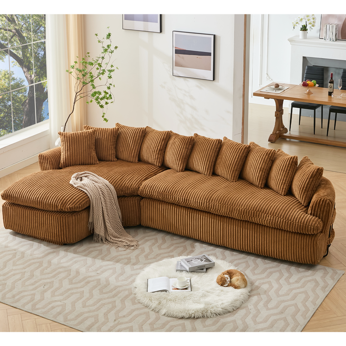 [NEW ARRIVED] [VIDEO PROVIDED]   127''  Large Sectional Sofa ,Elegant Curved Design ,High-Resilience Foam ,Ten Back Cushions,L-Shape Left Sofa,No Assembly  Required , (Brown-Soft Corduroy Fabric)