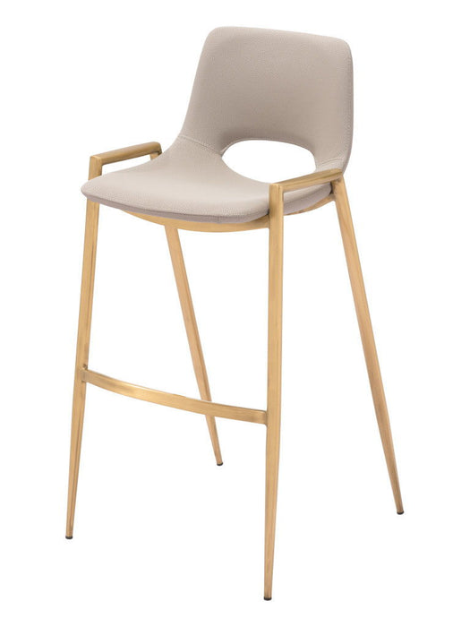 Set of two beige faux leather and steel low back bar height chairs with gold accents from HomeRoots, perfect for home bars or kitchens.