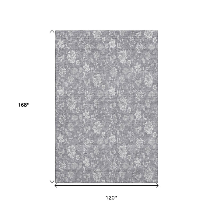 10' X 14' Floral Washable Area Rug With UV Protection (655986) - Gray / Ivory