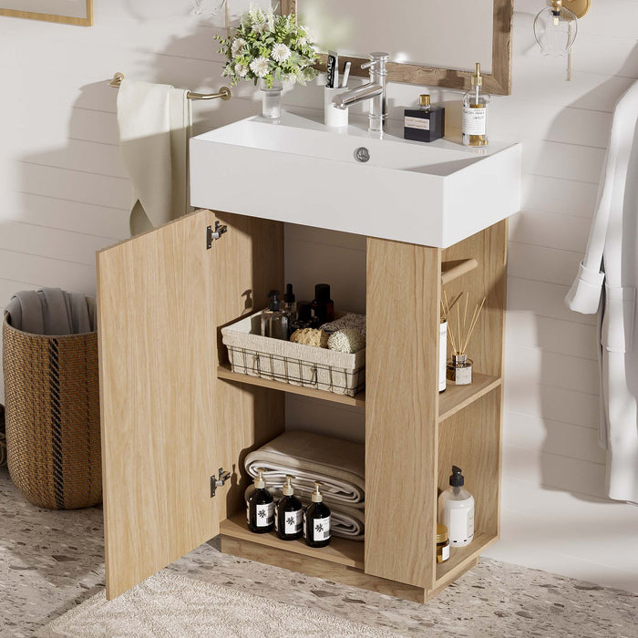 Giga bathroom vanity with sink, freestanding wood grain cabinet featuring storage drawers and modern design.
