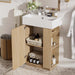 Giga bathroom vanity with sink, freestanding wood grain cabinet featuring storage drawers and modern design.