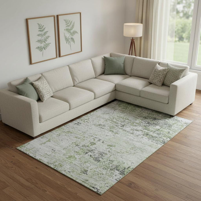10' X 14' Abstract Washable Area Rug With UV Protection (699130) - Artichoke Green / Ivory