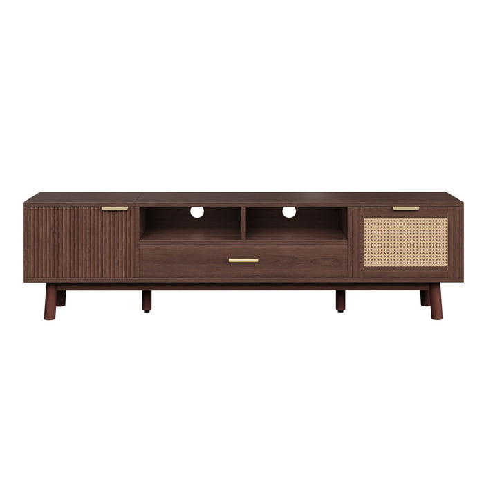 Dark brown Giga TV stand for 75-inch TVs with soft closing doors, accents, and drop-down cabinet for modern living rooms.