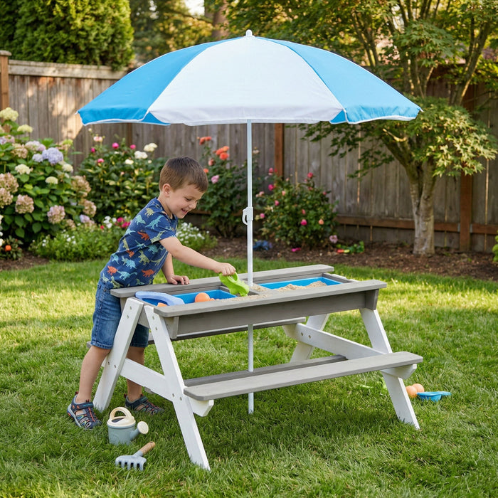 Giga 3-in-1 kids outdoor wooden picnic table with umbrella, convertible sand and water table, ASTM and CPSIA certified.