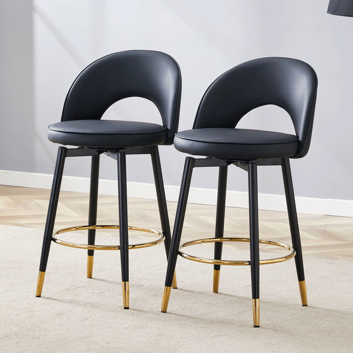Set of 2 Giga modern upholstered bar stools with 360° rotatable seats and metal legs for dining room use.