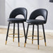 Set of 2 Giga modern upholstered bar stools with 360° rotatable seats and metal legs for dining room use.