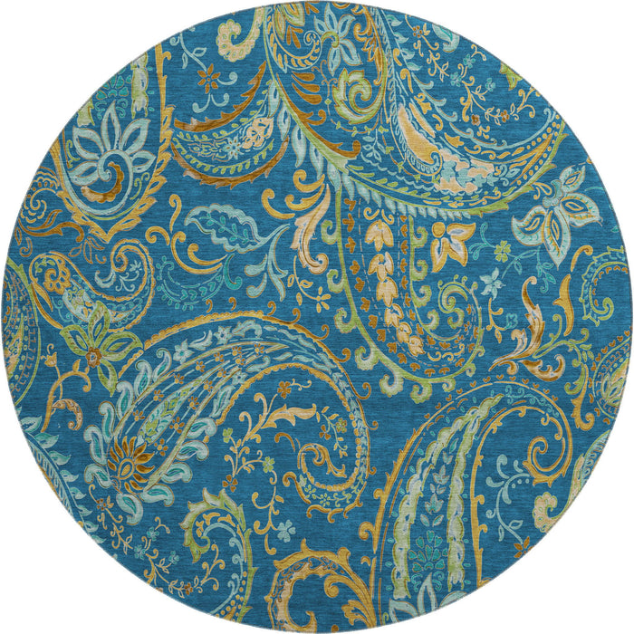 8' Paisley Distressed Washable Round Rug With UV Protection (647983) - Navy Blue / Green / Gold