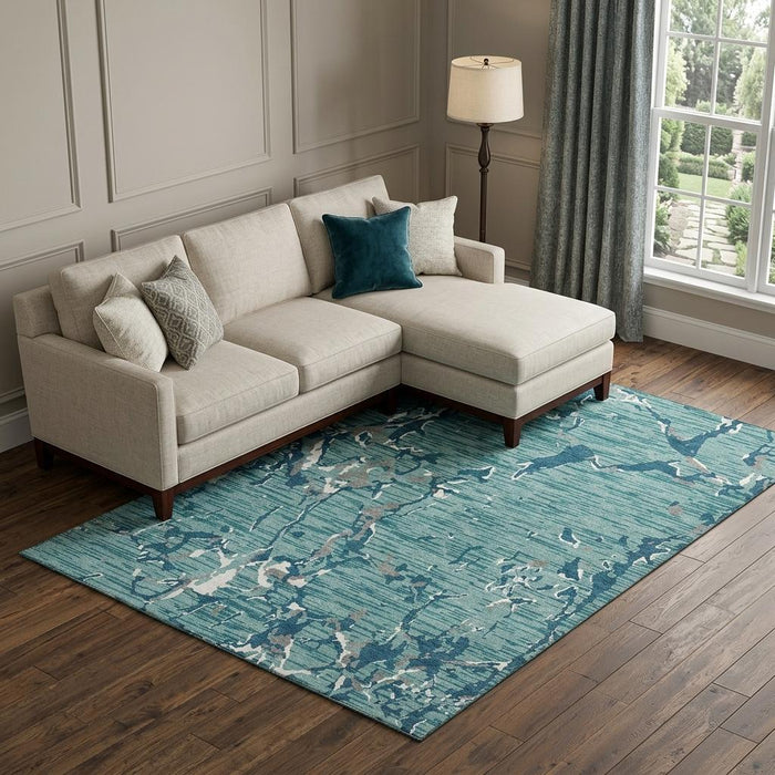 10' X 14' Striped Washable Area Rug With UV Protection (682085) - Teal / Ivory / Gray