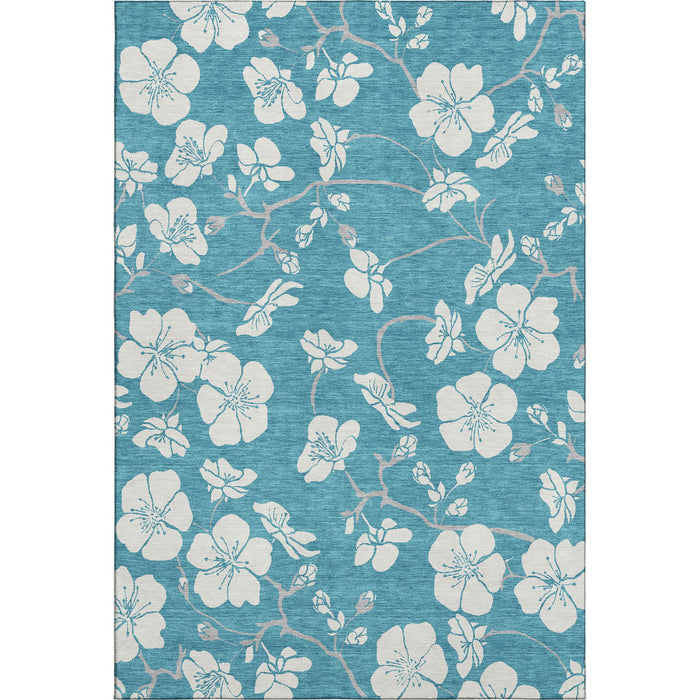 10' X 14' Floral Washable Area Rug With UV Protection (681083) - Turquoise / Ivory