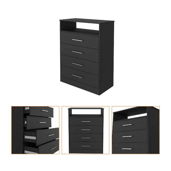 Modern Four Drawer Dresser With Hutch - Black