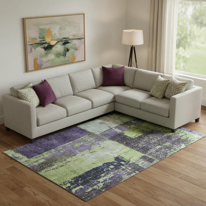 10' X 14' Abstract Washable Area Rug With UV Protection (706229) - Artichoke Green / Purple
