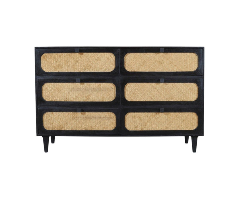 56" Solid Wood And Rat Six Drawer Double Dresser - Black And Natural