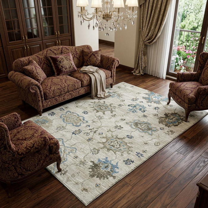 10' X 14' Floral Medallion Distressed Washable Area Rug With UV Protection (644610) - Blue / Ivory / Gray