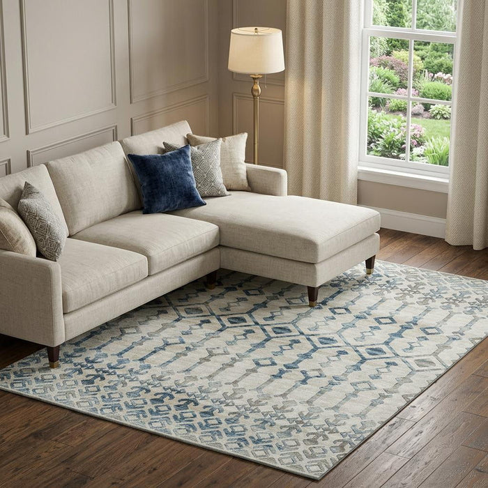 10' X 14' Tribal Washable Area Rug With UV Protection (644144) - Ivory / Blue