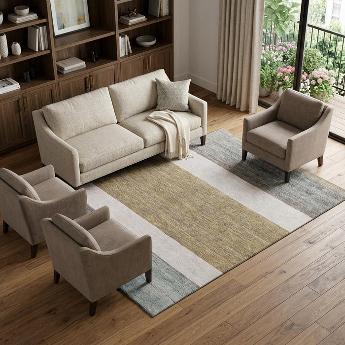 10' X 14' Striped Washable Area Rug With UV Protection (695114) - Coffee / Ivory / Taupe