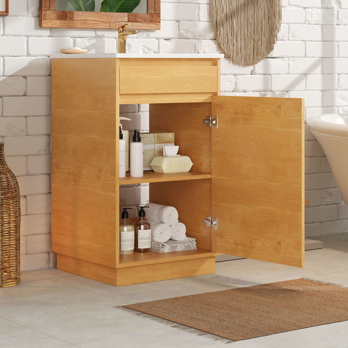 Giga bathroom vanity with sink, freestanding cabinet in natural wood, soft closing door, and adjustable shelf.