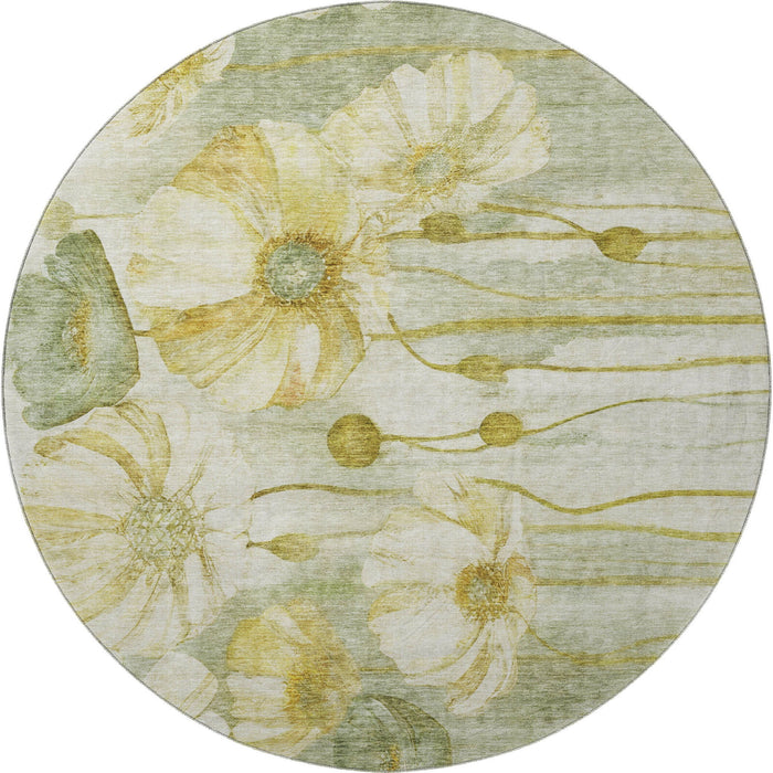 8' Floral Washable Round Rug With UV Protection (657320) - Sage / Gold / Ivory