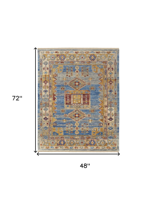 4' x 6' Wool Geometric Hand Knotted Area Rug With Fringe - Blue Red And Yellow