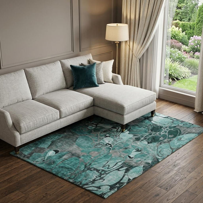 8' X 10' Abstract Distressed Washable Area Rug With UV Protection (649004) - Teal / Gray