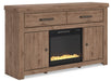 Signature Design by Ashley Garistyn TV stand with built-in fireplace, showcasing wood finish, open shelving, and cable management.