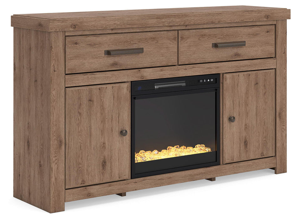 Signature Design by Ashley Garistyn TV stand with built-in fireplace, showcasing wood finish, open shelving, and cable management.