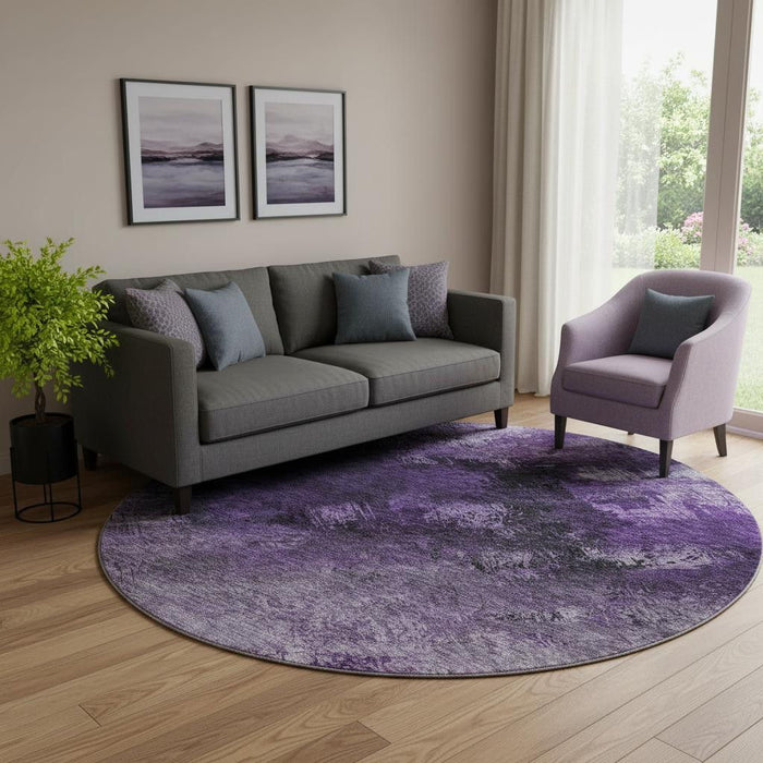 8' Abstract Washable Round Rug With UV Protection (650521) - Purple / Gray / Ivory