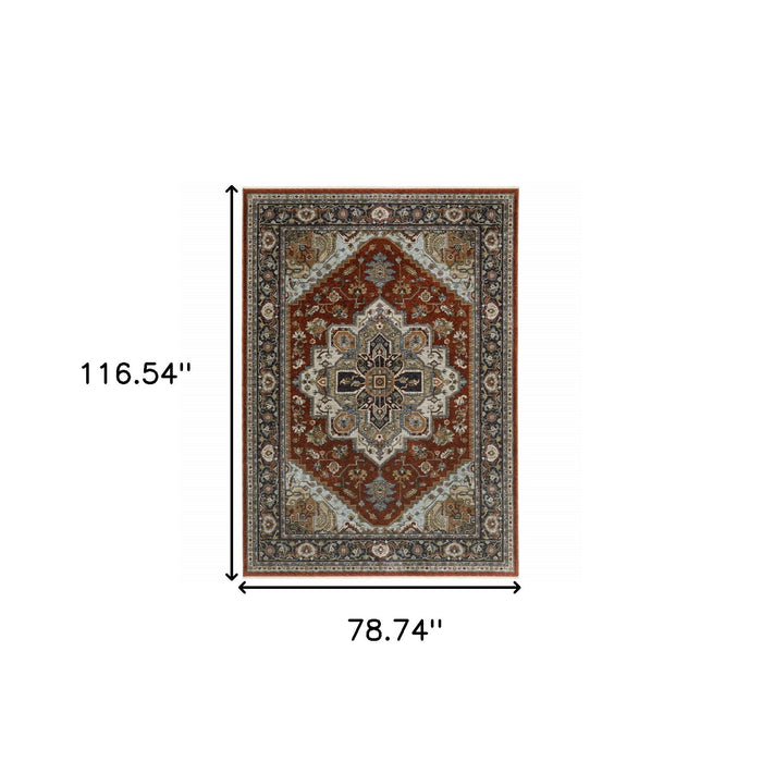 6.6' x 9.7' Oriental Power Loom Polyester Area Rug With Fringe - Blue Orange And Beige
