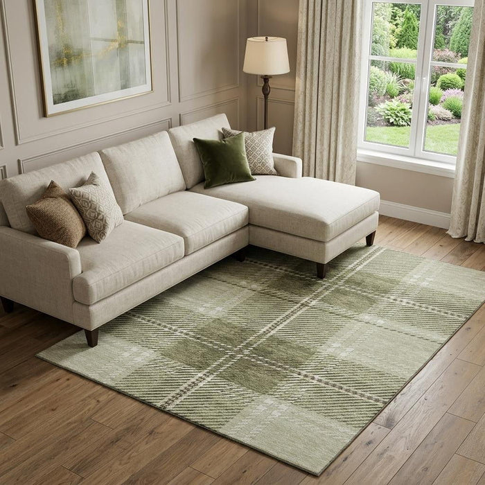 10' X 14' Plaid Washable Area Rug With UV Protection (674287) - Artichoke Green / Ivory