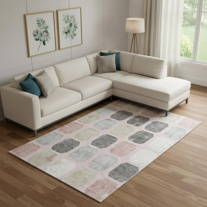 10' X 14' Geometric Washable Area Rug With UV Protection (709192) - Blush / Charcoal / Ivory