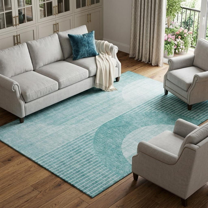 9' X 12' Geometric Washable Area Rug With UV Protection (655751) - Teal / Ivory