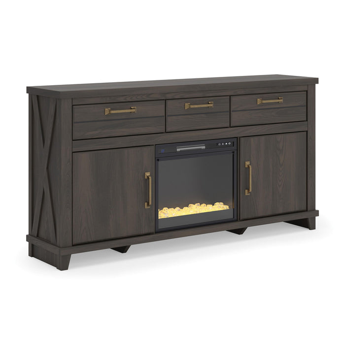 Signature Design by Ashley Brazen Valley TV stand with built-in fireplace, featuring a modern wood finish and spacious storage.
