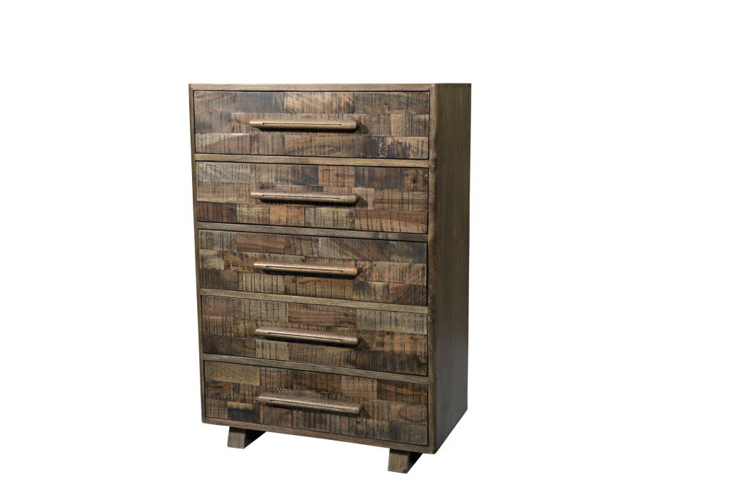 35" Carved Geometric Solid Wood Five Drawer Dresser - Brown