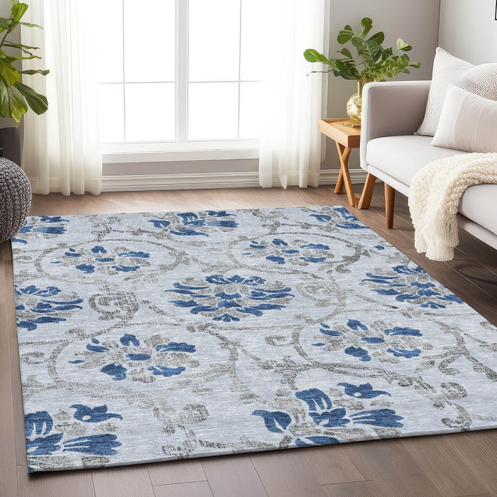 10' X 14' Floral Washable Area Rug With UV Protection - Sky Blue