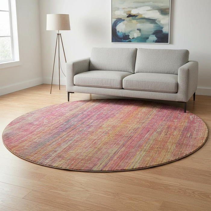 8' Striped Washable Round Rug With UV Protection (648763) - Red / Yellow / Orange