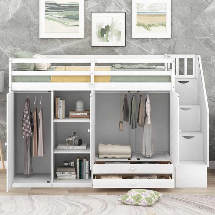 Giga loft bed with three shelves, two wardrobes, two drawers, and ladder storage in a modern bedroom setup