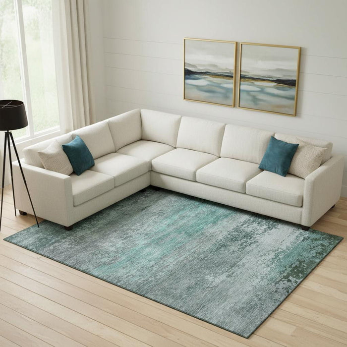 10' X 14' Abstract Washable Area Rug With UV Protection (717122) - Teal / Gray