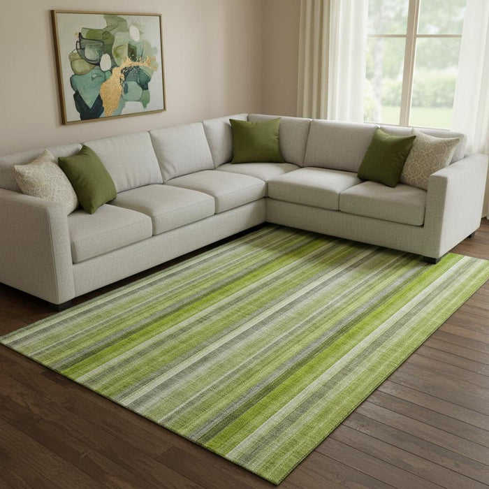 9' X 12' Striped Washable Area Rug With UV Protection (648387) - Green / Ivory