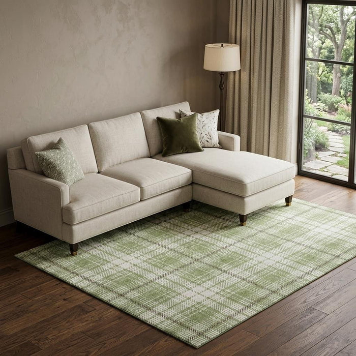 10' X 14' Plaid Washable Area Rug With UV Protection (678203) - Artichoke Green / Ivory