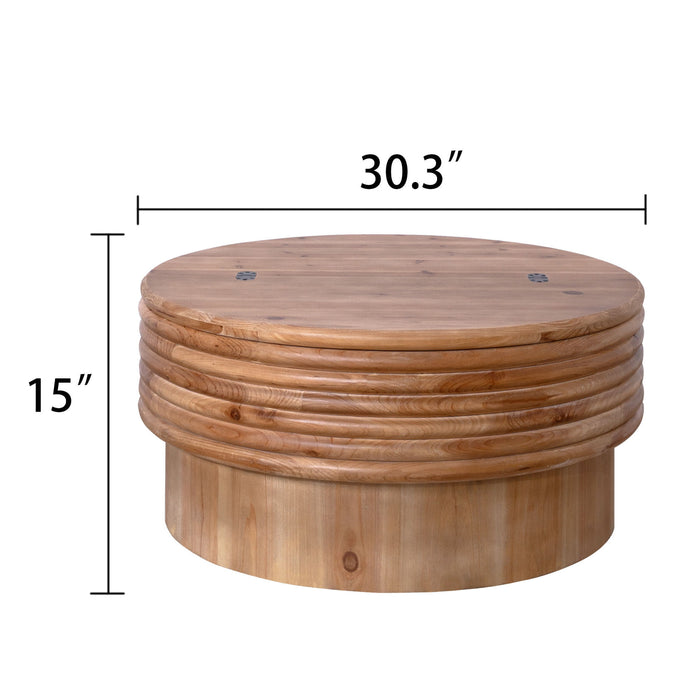 Round wooden Giga coffee table with hidden storage, modern rustic design, natural finish, perfect as a living room centerpiece.
