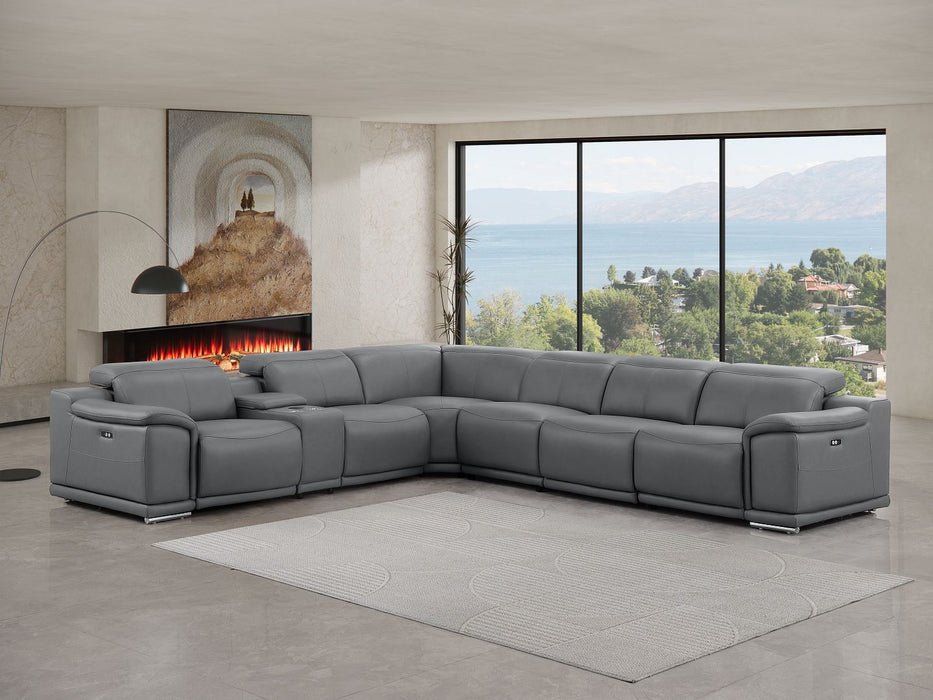 Leather Modular L Shaped Seven Piece Corner Sectional With Console - Battleship Gray