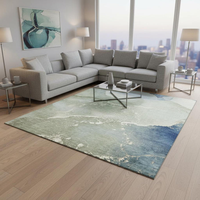 10' X 14' Abstract Washable Area Rug With UV Protection (647194) - Blue / Gray / Ivory