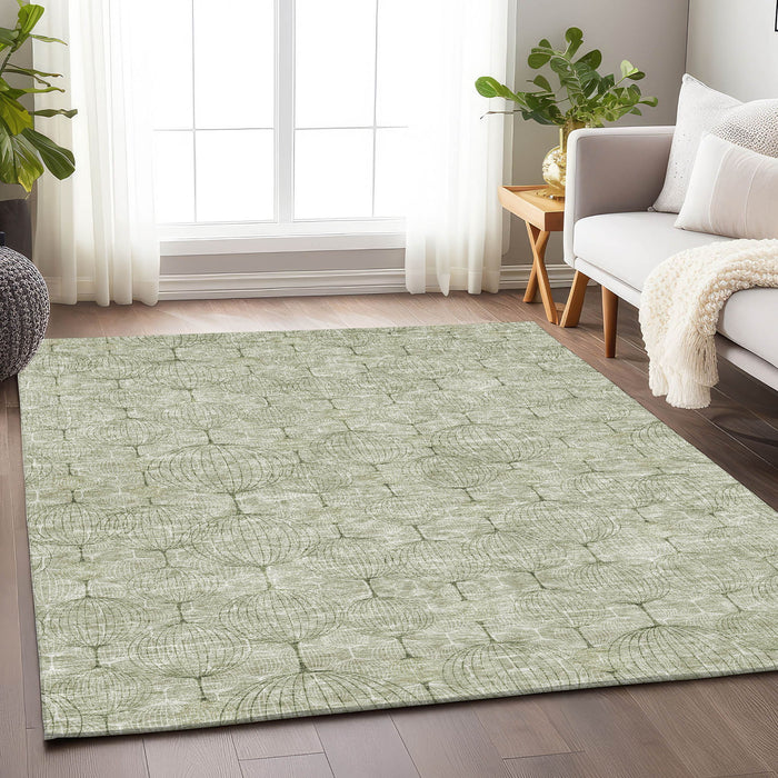 10' X 8' Geometric Washable Area Rug With UV Protection - Artichoke Green And Ivory